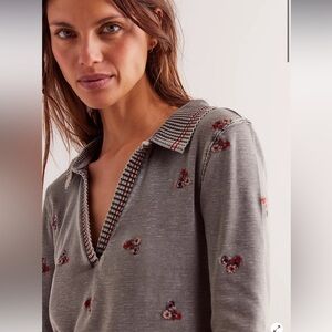 Free People Alana Embroidered Florals Bouquet Ribbed Henley Top XL